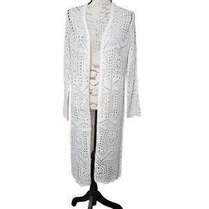 Chelsea & Theodore Women's Size Small Natural Cream Long Crochet Knit Cardigan